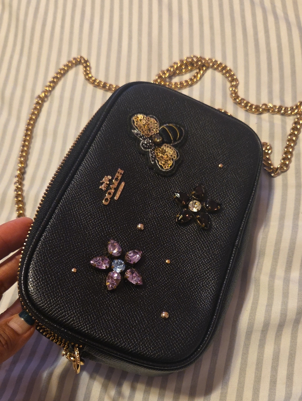 Coach Black Crossbody Bag with Gold Chain and Jewel Accents